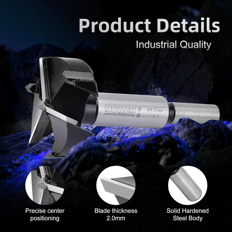 Mollom (73mm|2-7/8") Triple Flute Forstner Drill Bit for Woodworking with 3-Cutter YG8 Carbide Tipped of 2.0mm,Hinge Cutter Tool Kits for Hard Soft Wood, Plastic, Plywood - Image 3